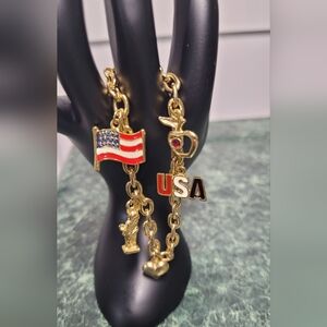 Patriotic Gold Charm Bracelet with USA Flag and Apple